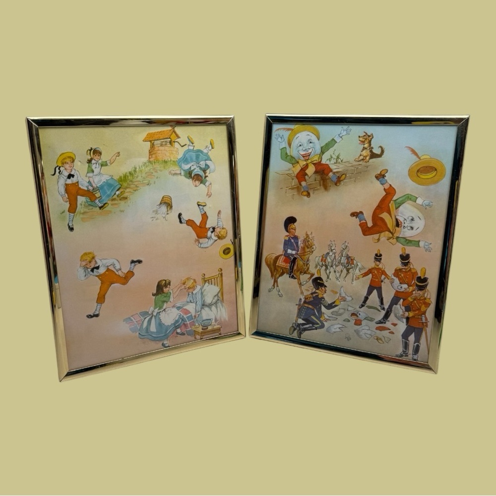 Vintage Nursery Rhyme Framed Decor Jack and Jill Humpty Dumpty Baby Retro Brass